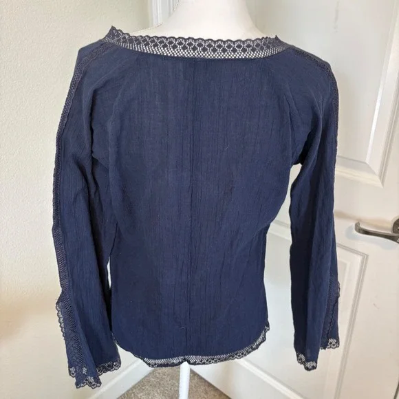 Passport Womens Navy Blue Cotton Gauze Crochet Lace Trim Peasant Blouse Size M - Picture 4 of 5